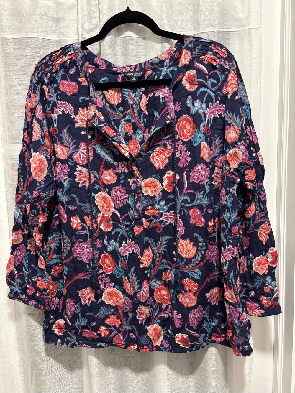 Lucky Brand 2X Floral Boho Peasant Blouse Rayon Tassel Tie Navy Pink